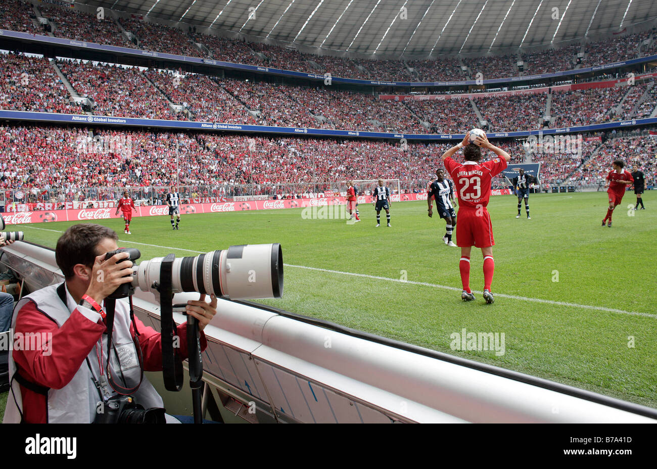 Photographer at an FC Bayern Muenchen soccer match in the Allianz-Arena, 27.08.2005, Munich, Bavaria, Germany Stock Photo