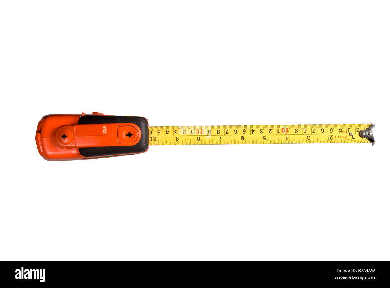 A new tape measure isolated on a white background can be used for any measurement or carpentry inference Stock Photo