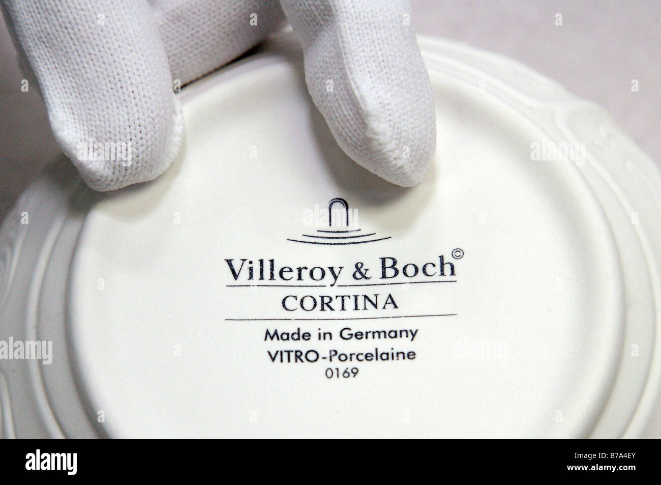 Logo and writing of the Villeroy & Boch AG on the bottom of a cup, crockery production, Villeroy & Boch AG Faiencerie, Merzig,  Stock Photo