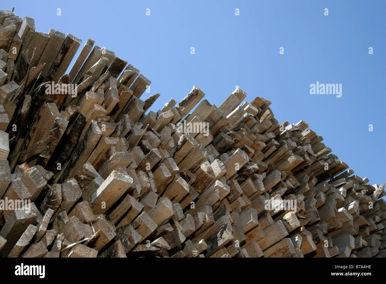 Wood stored ready for the production of particle board or chipboard, at Pfleiderer AG's production facility in Neumarkt, Bavari Stock Photo