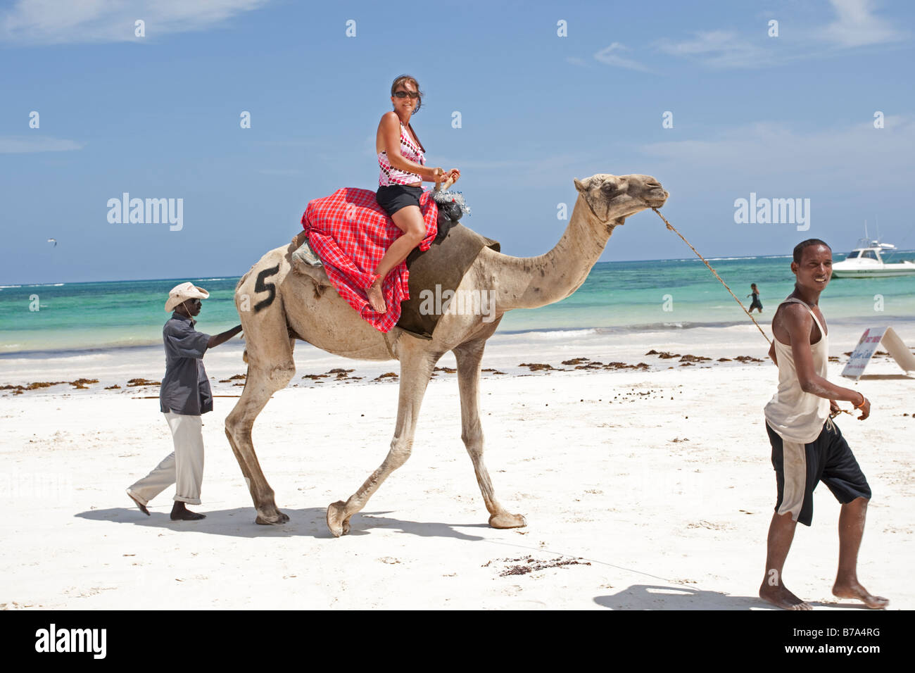 Woman tourist riding camel on sands Diani Beach Southern coast Mombasa Kenya Stock Photo