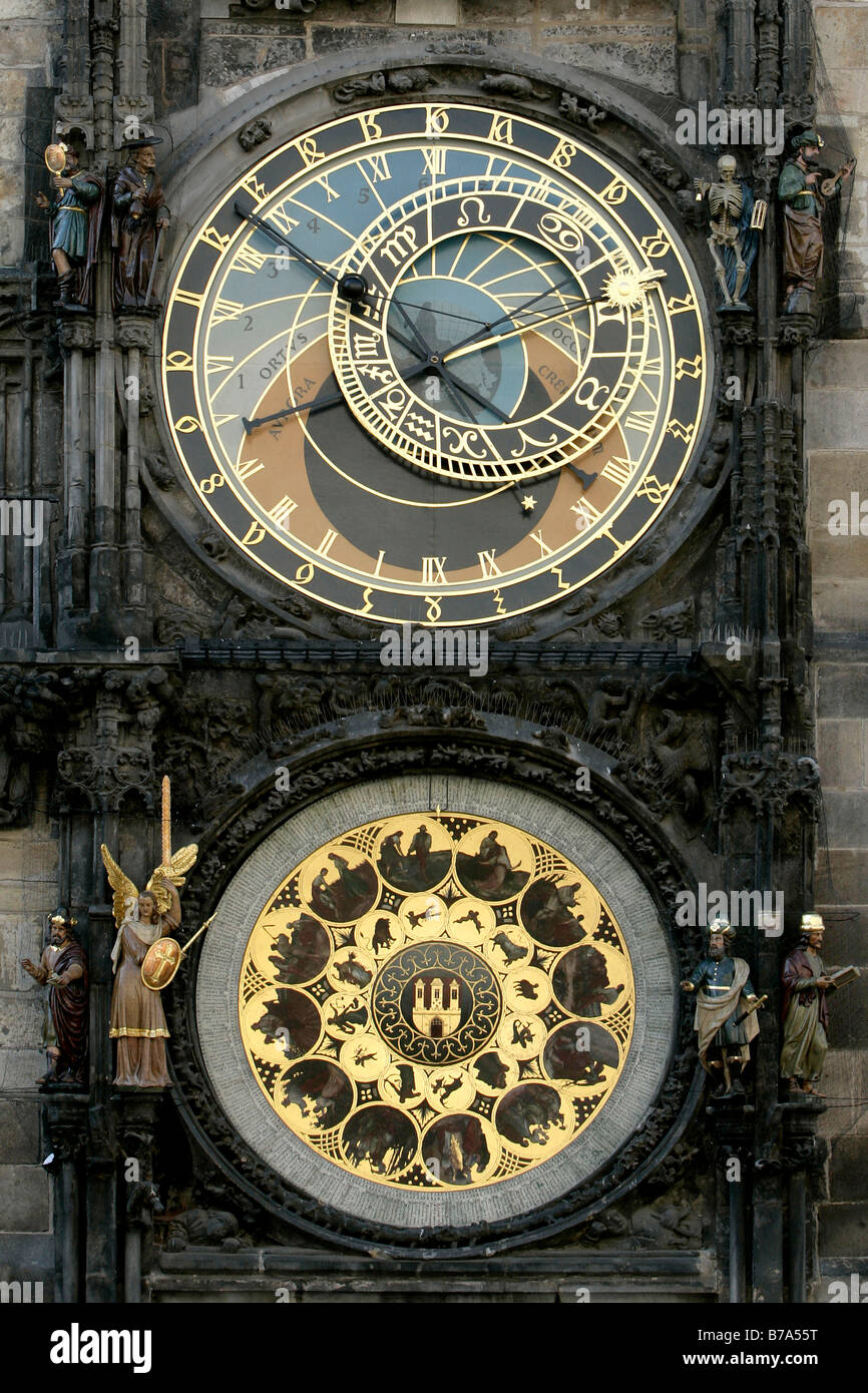 Astronomical Clock on the Altstaedter City Hall next to the Altstaedter Ring in Prague, Czech Republic, Europe Stock Photo