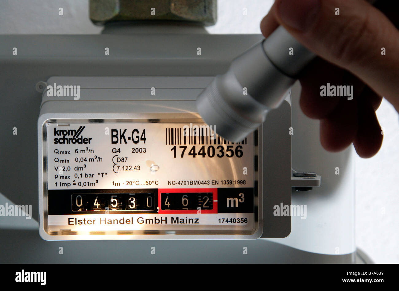 Gas meter reading with a torch, Germany, Europe Stock Photo