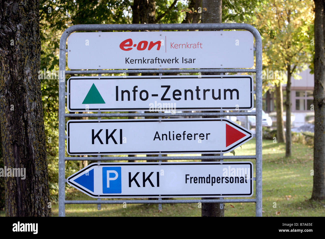 EON nuclear power station Isar II, signage, Essenbach, Bavaria, Germany, Europe Stock Photo