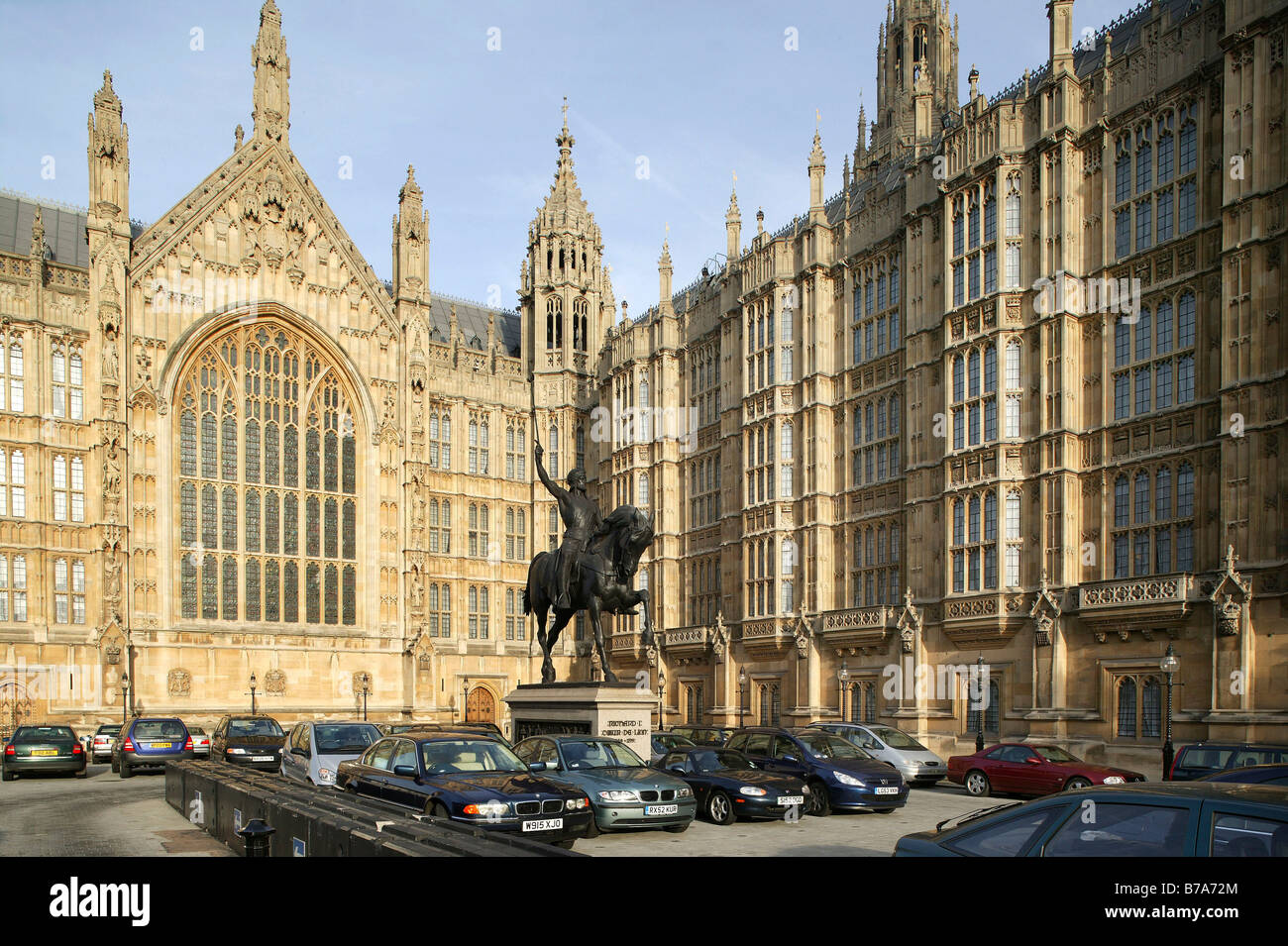 Equestrian statue of Richard I. in front of the Houses of Parliament in London, England, Great Britain, Europe Stock Photo