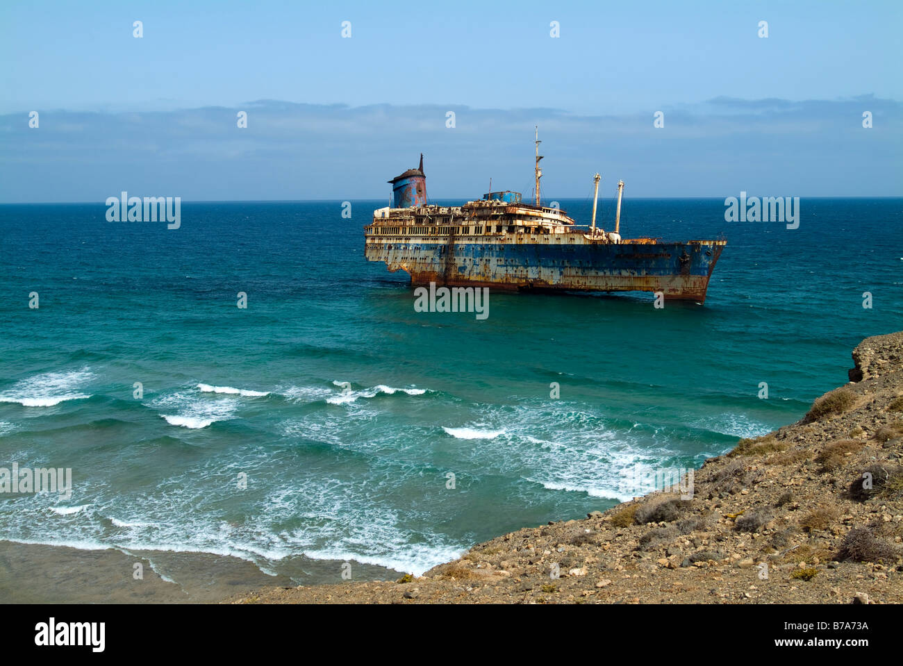 Shipwreck of American Star at Playa de Garcey, Fuerteventura Stock