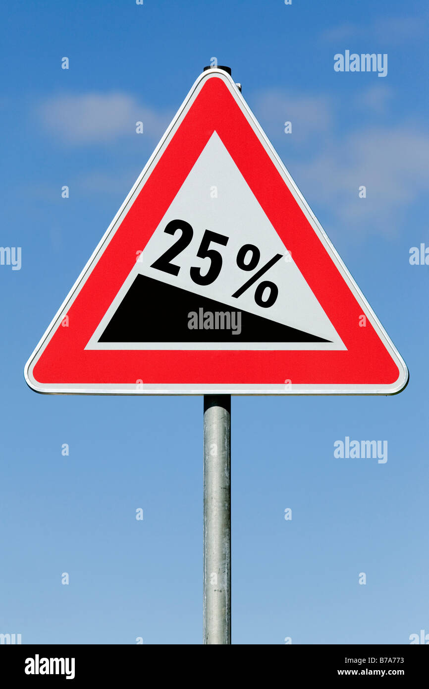Warning sign 25% slope, symbol for the German Abgeltungssteuer, withholding tax on proceeds from capital Stock Photo