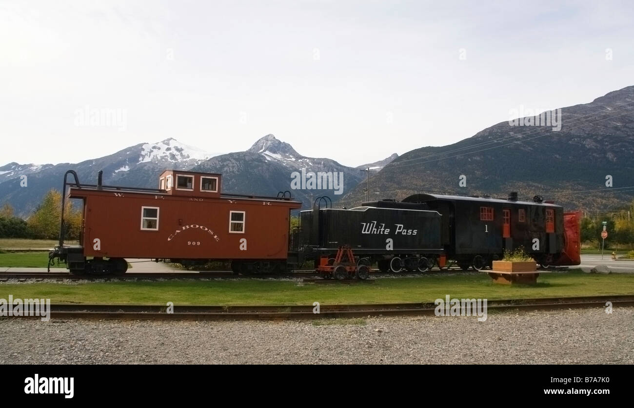 Historic White Pass & Yukon Route train and engine, Skagway, Klondike Gold Rush, Alaska, USA, North America Stock Photo