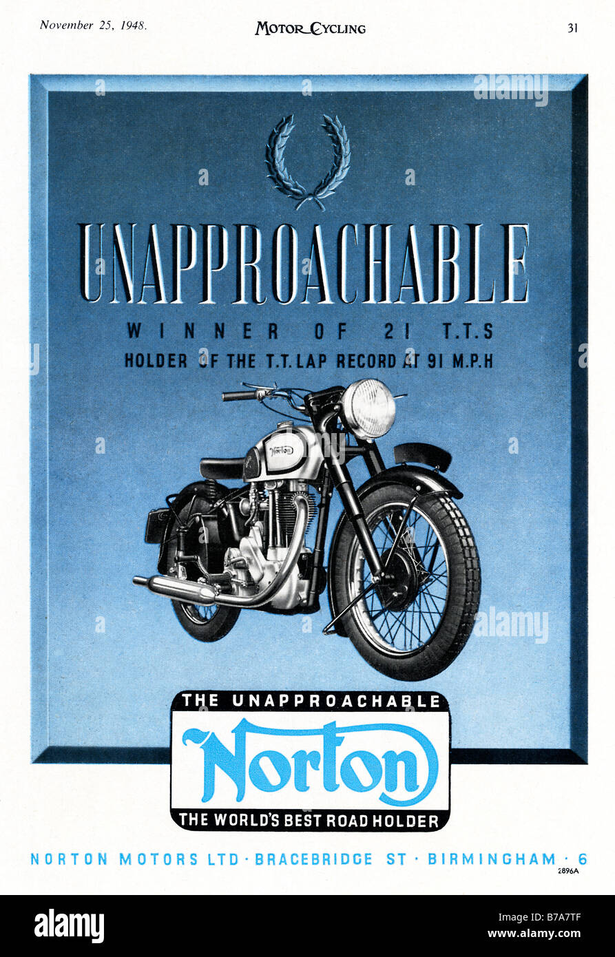Norton The Unapproachable 1948 advert for the British motorbike Isle of Man TT champion made in Birmingham Stock Photo