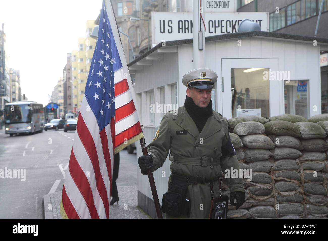 American soldier guarding the Checkpoint, extra for tourists, Friedrichsstrasse Street, Berlin, Germany, Europe Stock Photo