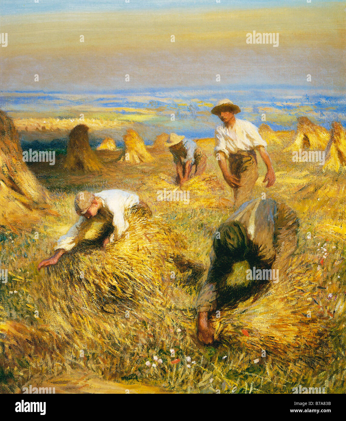 Tying The Sheaves 1902 painting by George Clausen of harvest time on the farm gathering up the corn Stock Photo