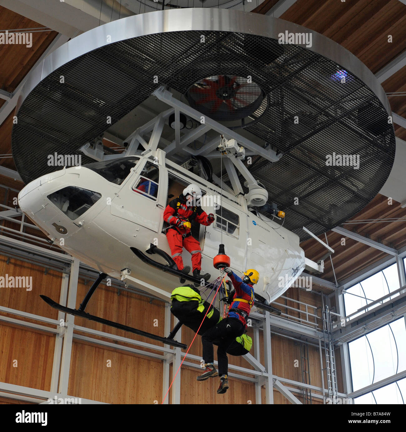 Rescue drill in a helicopter simulator of the mountain rescue service center for safety and training in Bad Toelz, Bavaria, Ger Stock Photo
