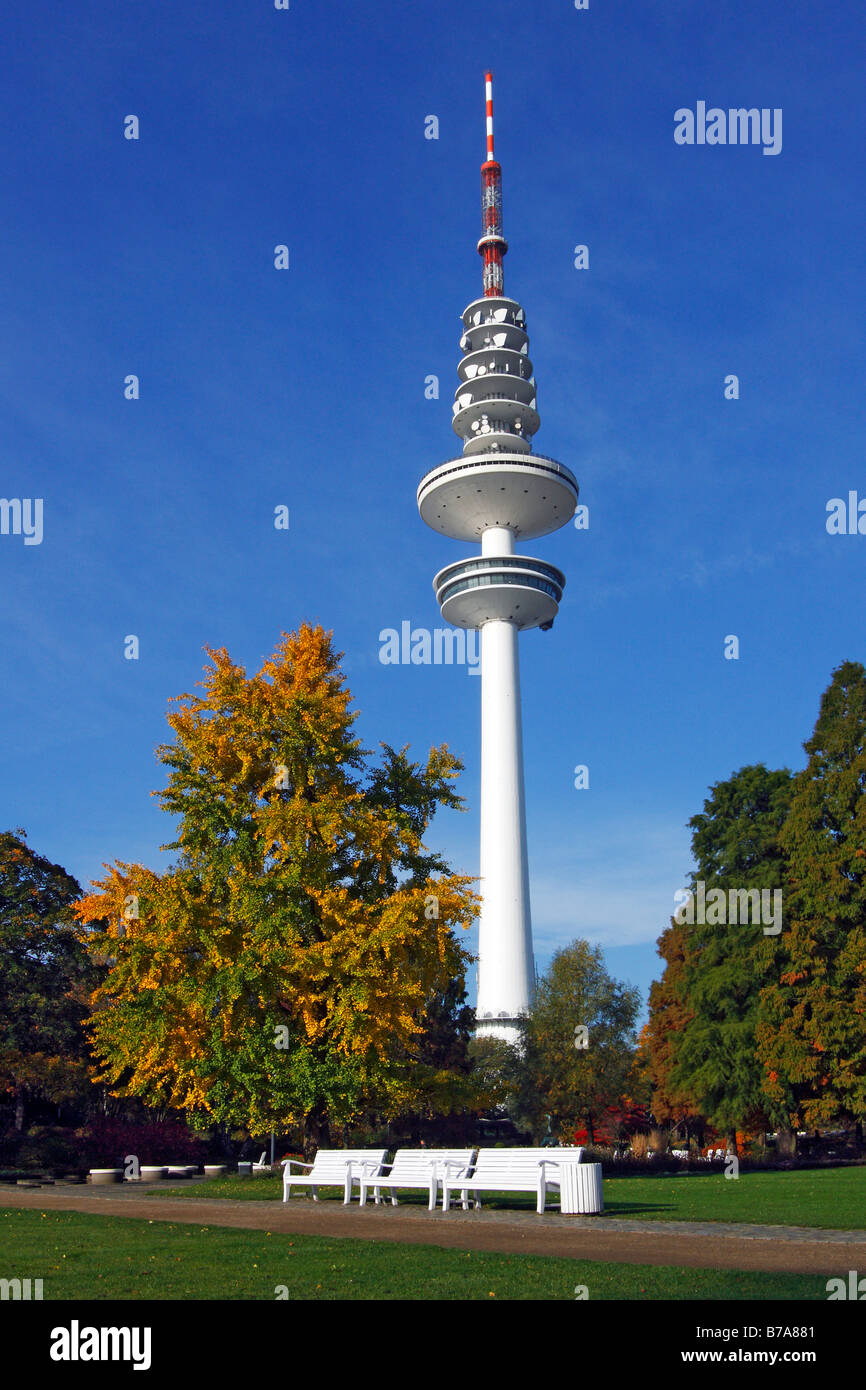 Tele-Michel, the Hamburg telecommunications or television tower, also called the Heinrich-Hertz-Turm, rising over parkland call Stock Photo