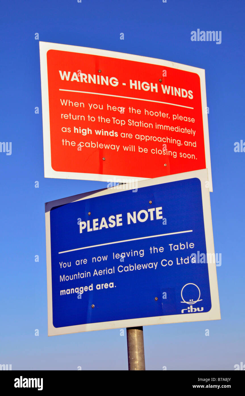 High wind warning sign, on Table Mountain, Cape Town, South Africa Stock Photo