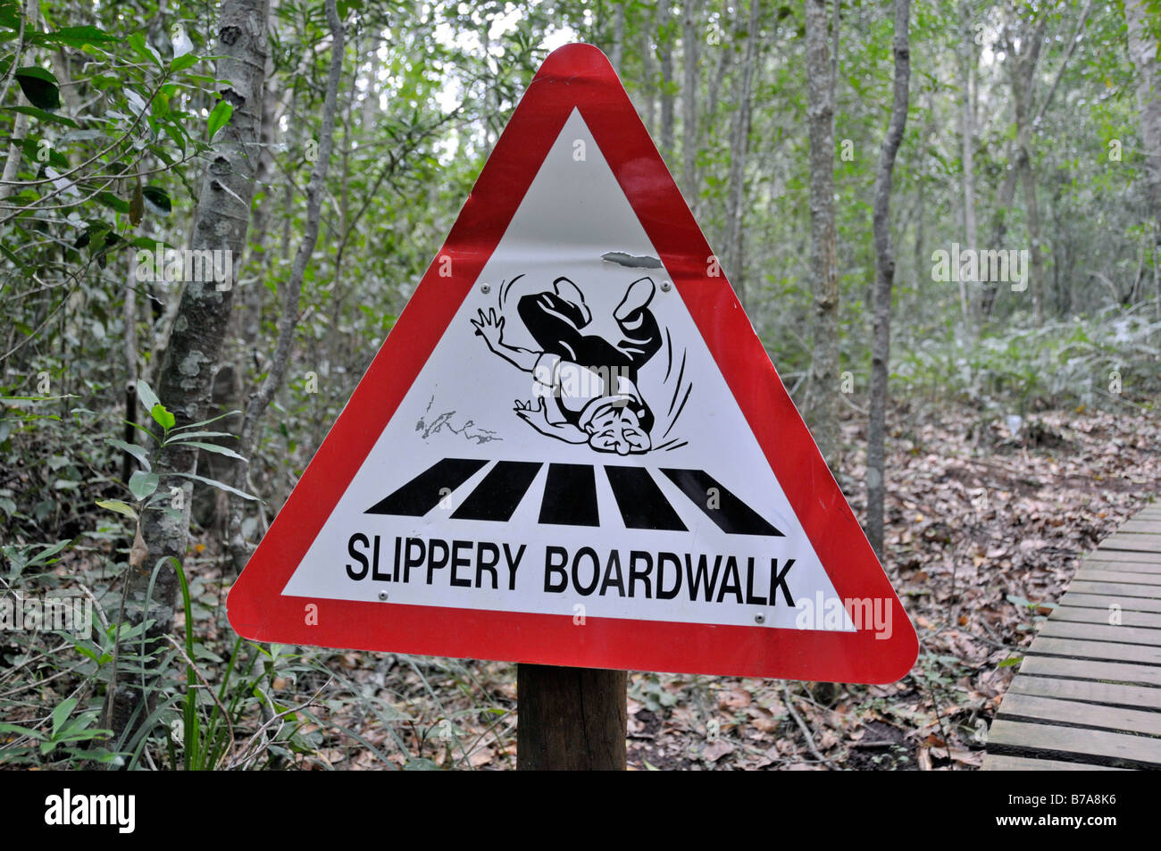 Danger sign, slippery boardwalk, South Africa Stock Photo