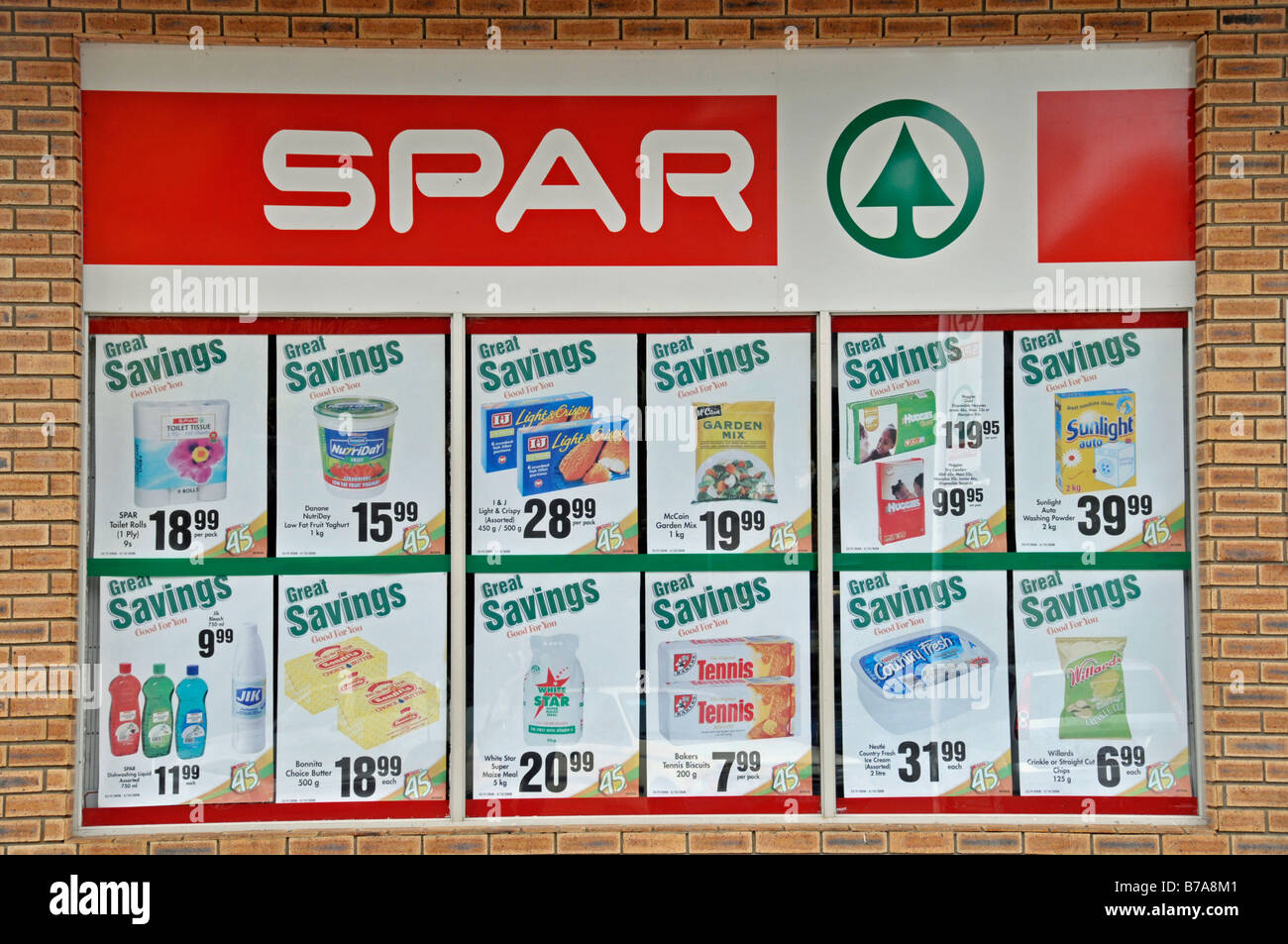 Promotional offers, Spar supermarket in Santa Lucia, South Africa, Africa Stock Photo