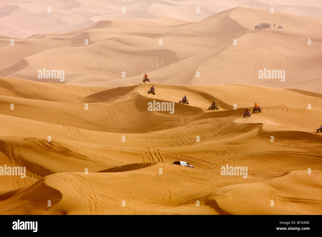 Vehicles on sand dunes, desert safari, Dubai, United Arab Emirates, Middle East Stock Photo