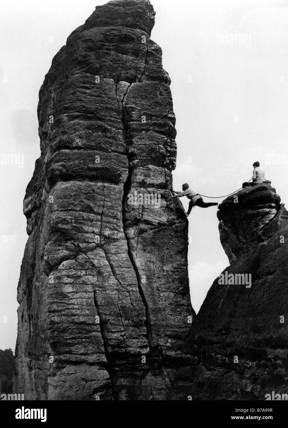 Historical photo, mountain climber, Saxon Switzerland, Saxony, Germany, ca. 1930 Stock Photo