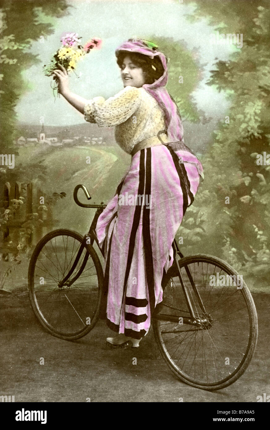 Historical photo, woman on bicycle, ca. 1910 Stock Photo