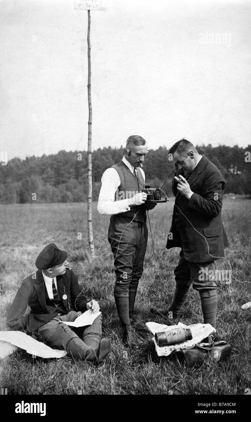 Historical photo, men with radio equipment, ca. 1920 Stock Photo