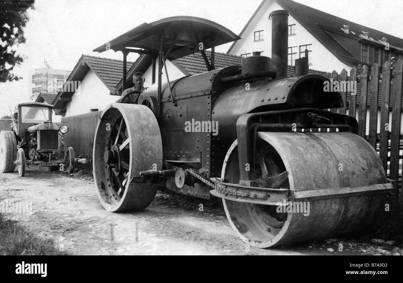 Historic photo, road roller, ca. 1920 Stock Photo