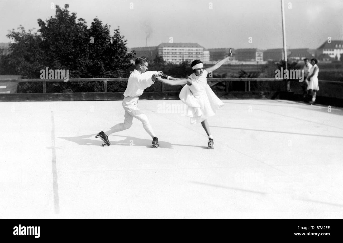 Historic photo, roller skaters, ca. 1920 Stock Photo