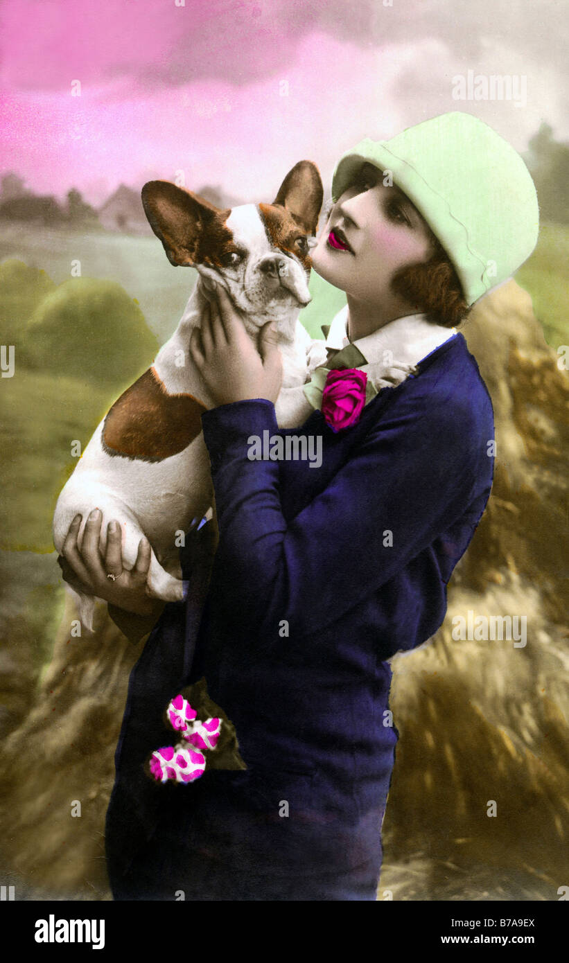 Historic photo, woman with bulldog, ca. 1920 Stock Photo