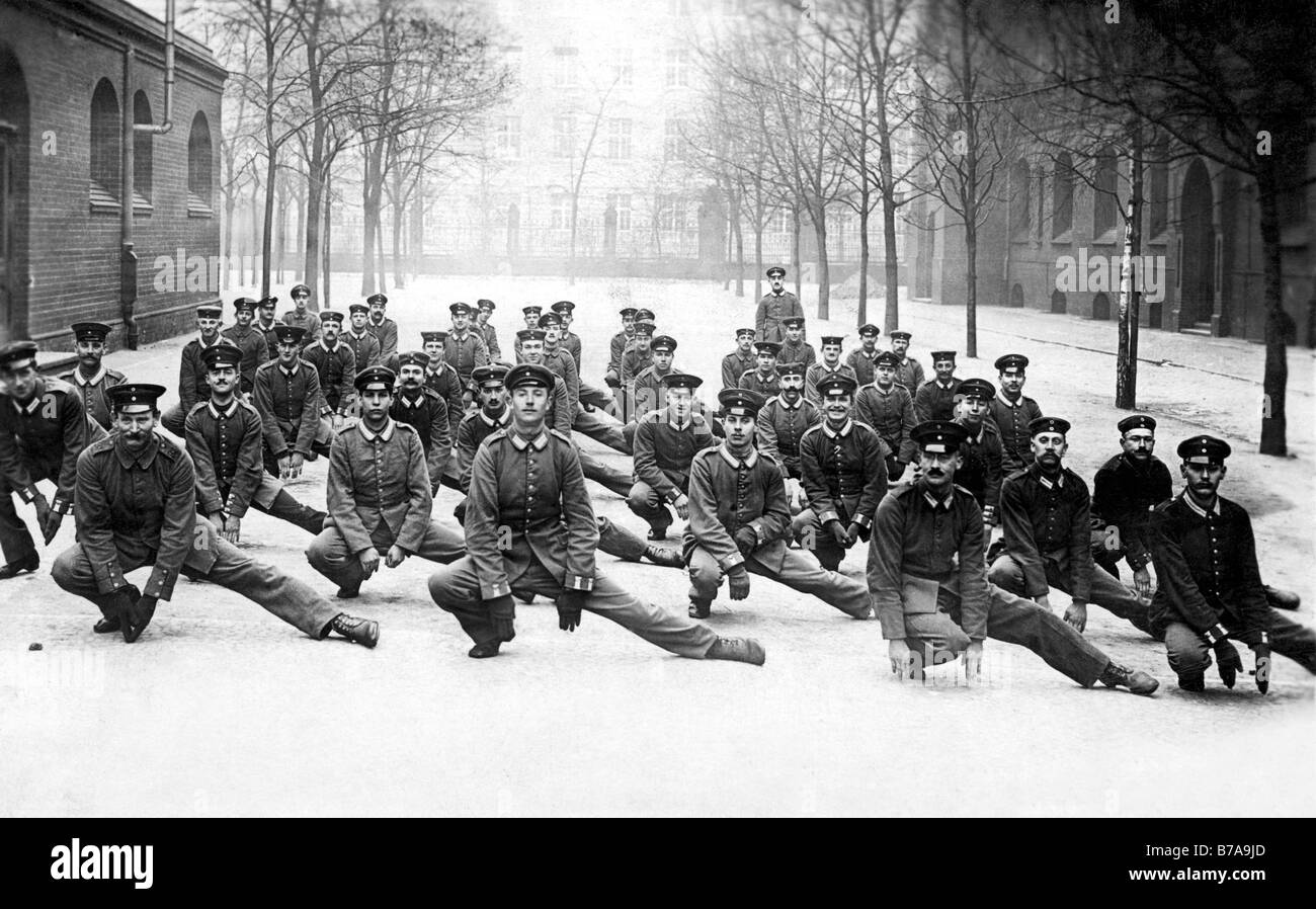 Historic photo, soldiers doing morning gymnastics, ca. 1915 Stock Photo