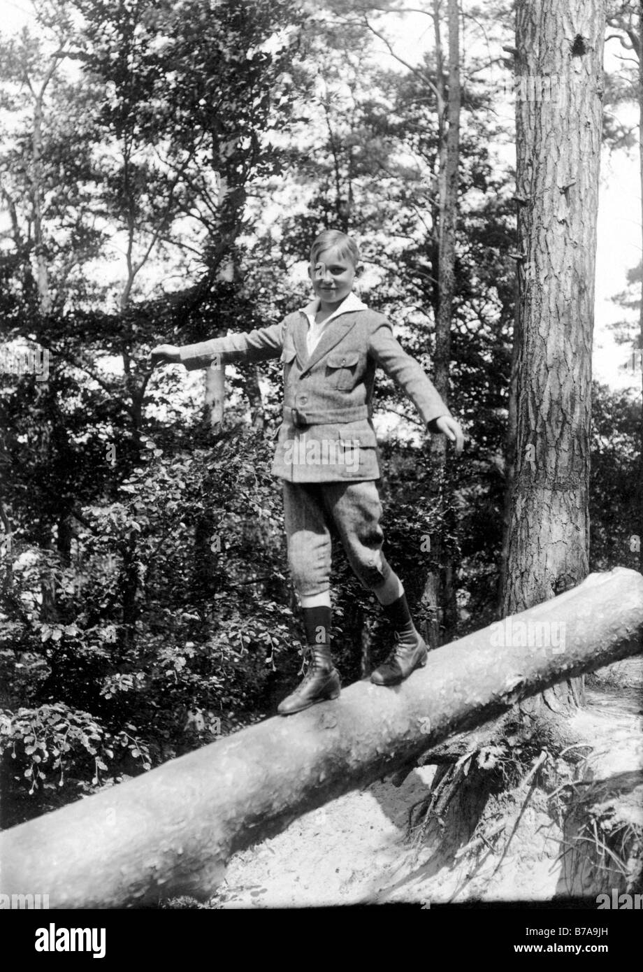 Historic photo, boy balancing on tree trunk, ca. 1920 Stock Photo