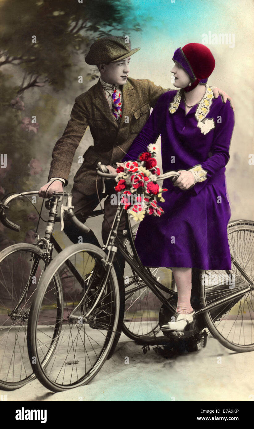 Historic photo, couple on a bicycle trip, ca. 1920 Stock Photo