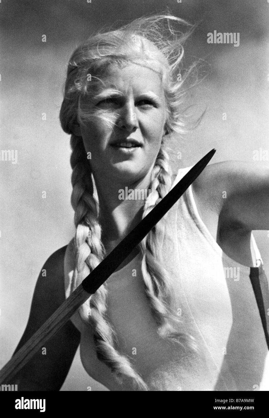 Historic photo, female javelin thrower, ca. 1940 Stock Photo