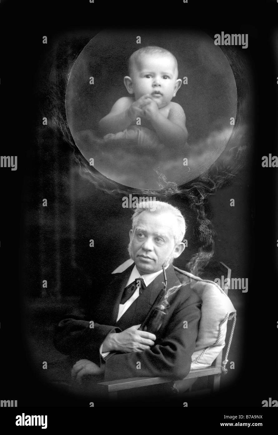 Historic photograph, a man dreaming of himself as a baby, ca. 1920 Stock Photo