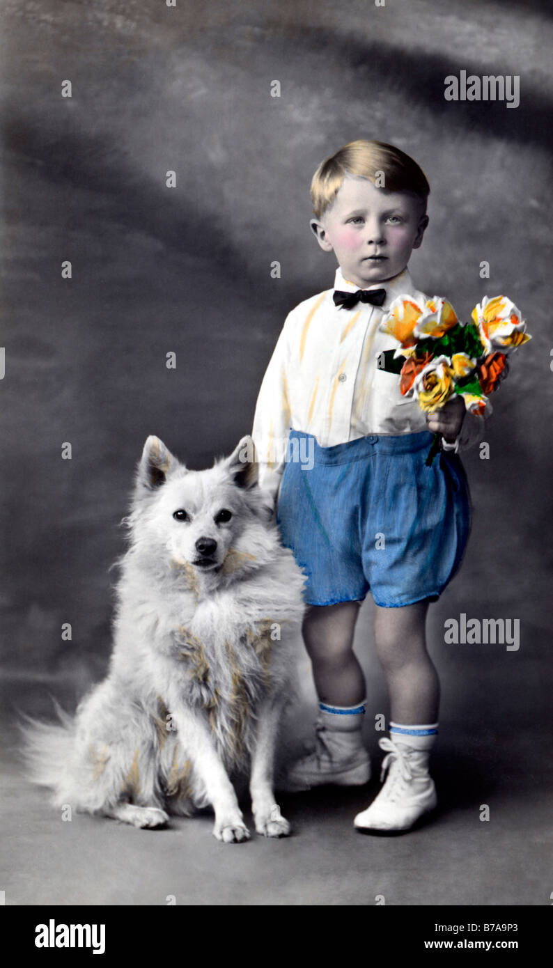 Historic photo, child with his dog, ca. 1910 Stock Photo