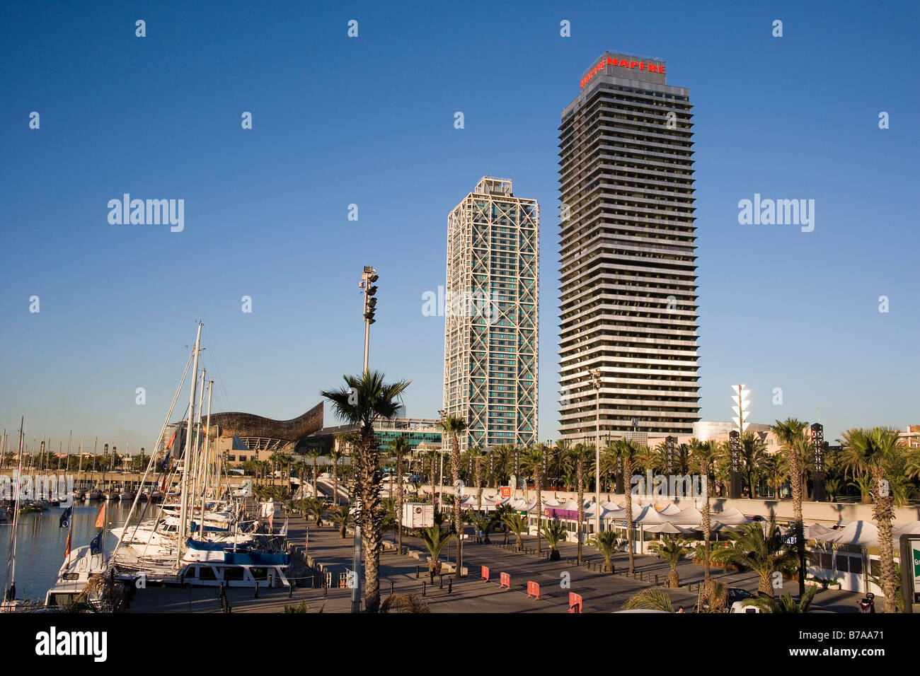 Modern architecture in Port Olimpic, Barcelona, Catalonia, Spain, Europe Stock Photo