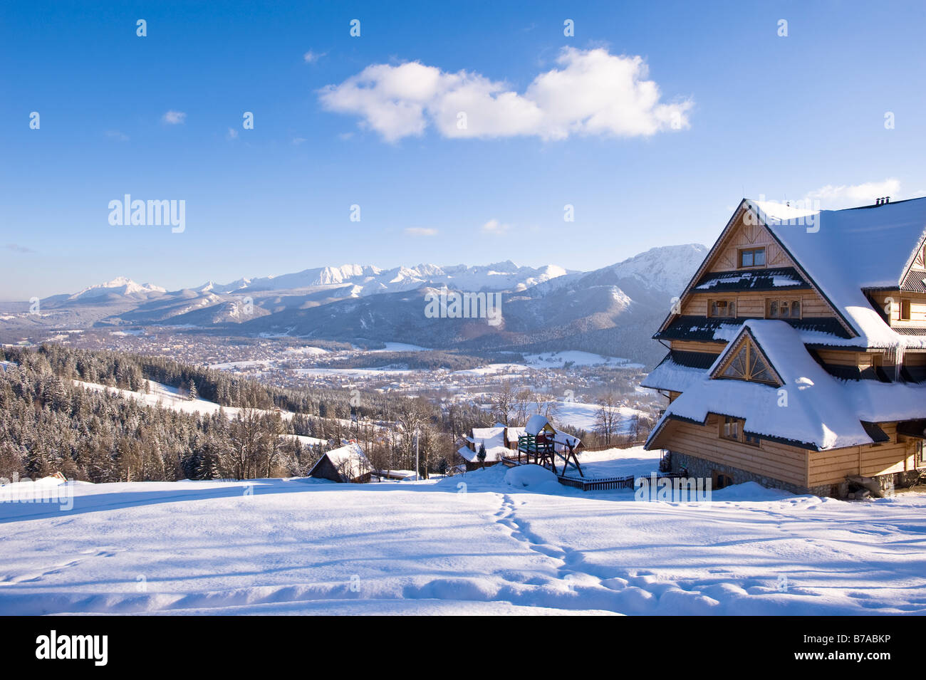 Traditional architecture of Zakopane and view of Tatra Mountains Podhale Region Poland Stock Photo