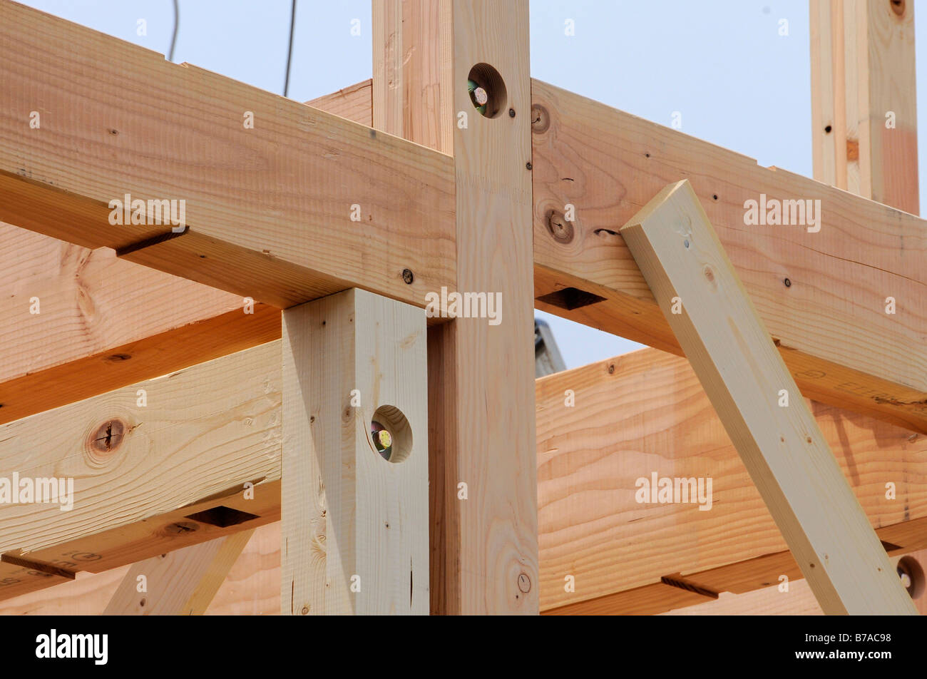 Mortise and tenon joints in a modern prefabricated house, Iwakura