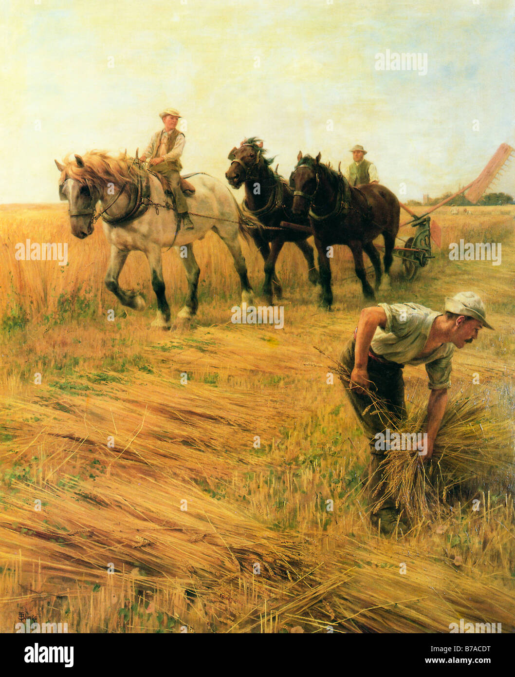 The Bread Winners 1905 painting by Thomas Blinks of harvest time on the farm gathering up the corn Stock Photo