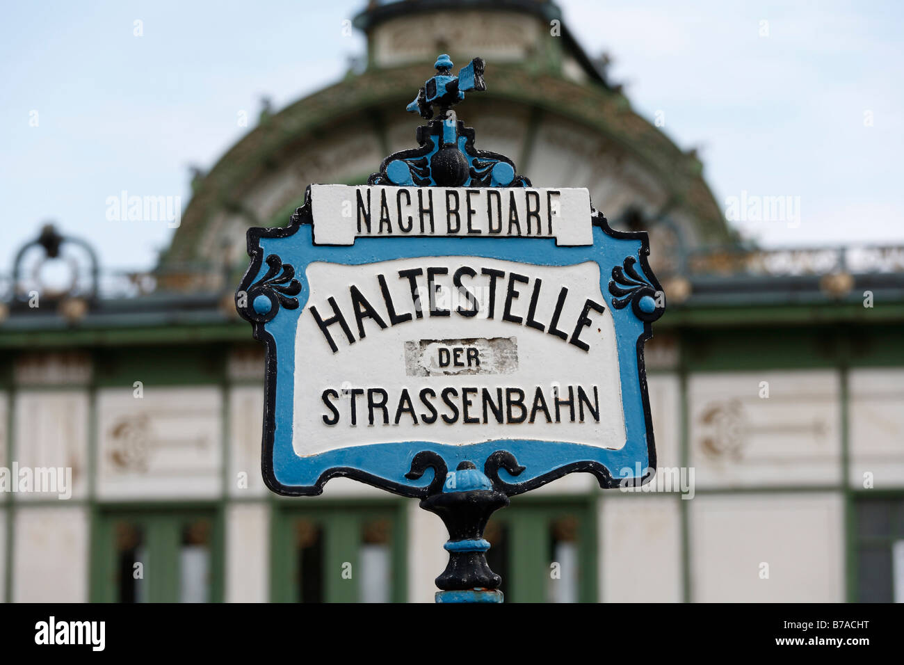 Old iron sign 'Nach Bedarf Haltestelle der Strassenbahnen', if necessary, can also be used as a tram stop, Vienna, Austria, Eur Stock Photo