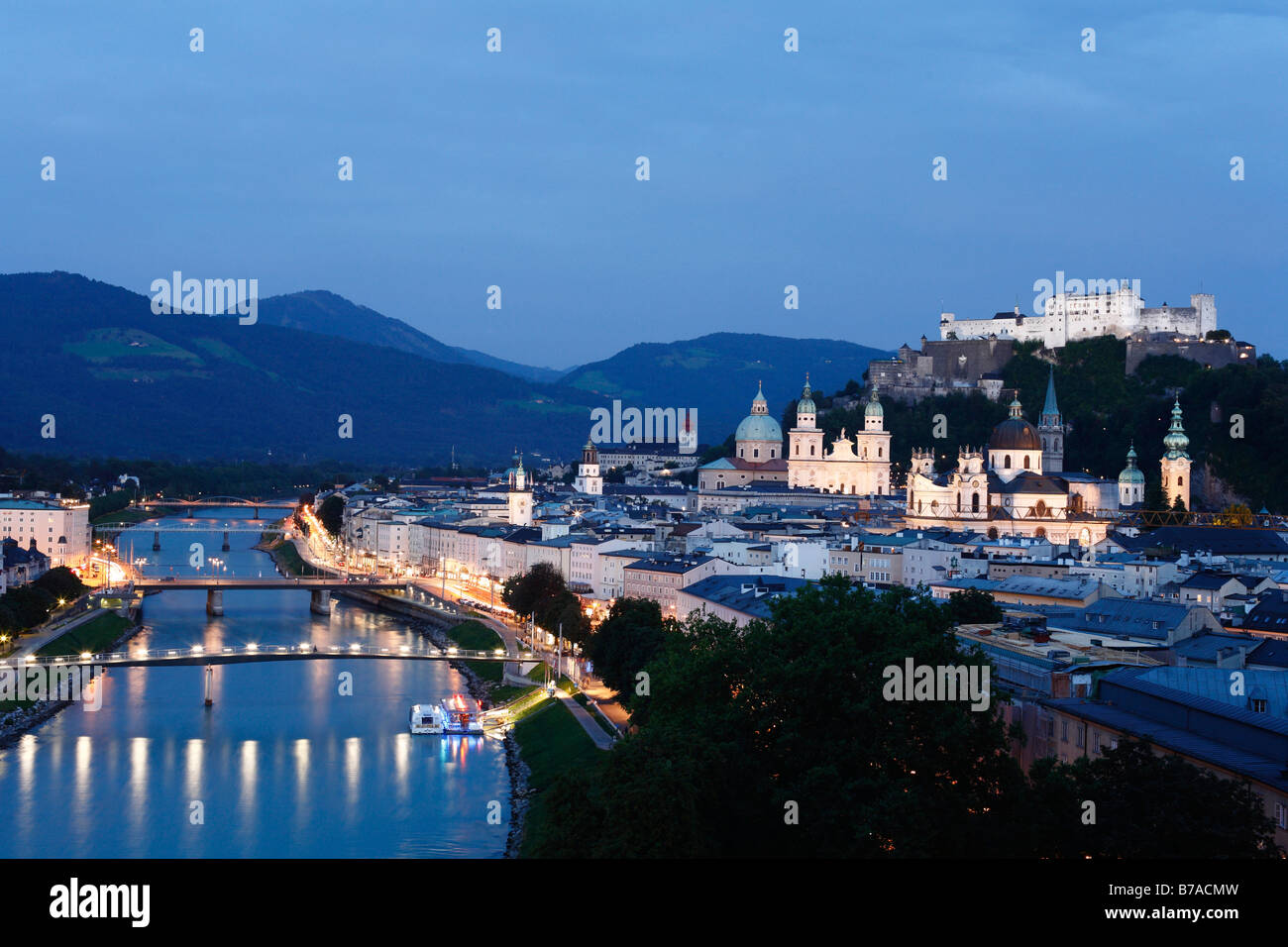 Historic district of Salzburg with Salzach River, Festung Hohensalzburg Fortress, view from Moenchsberg Hill, Humboldt-Terrace, Stock Photo