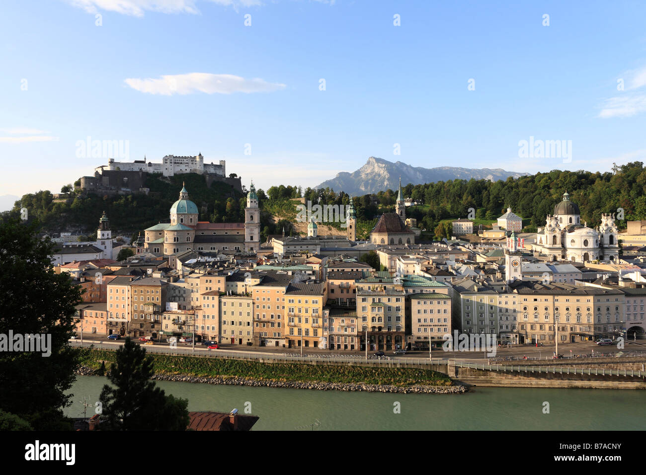 View from Kapuzinerberg Hill of the historic district of Salzburg with Festung Hohensalzburg Fortress, cathedral, Kollegienkirc Stock Photo