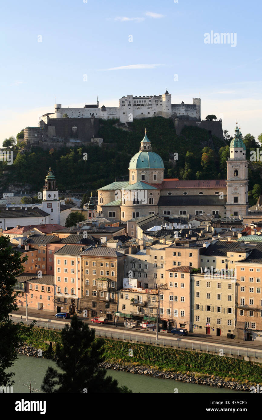 View from Kapuzinerberg Hill over historic district of Salzburg with Festung Hohensalzburg Fortress, cathedral and Glockenspiel Stock Photo