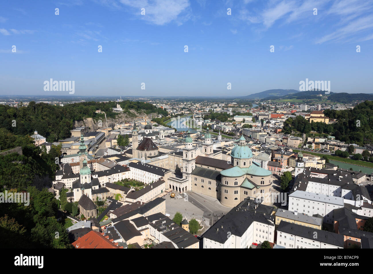 Historic district of Salzburg, Kapitelplatz Square in the front and cathedral, view from Festung Hohensalzburg Fortress, Austri Stock Photo