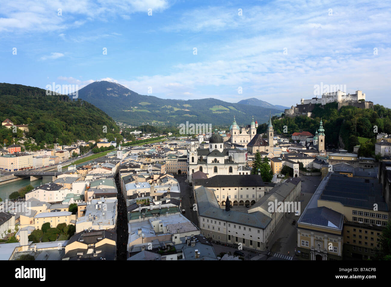 Historic district of Salzburg, Festung Hohensalzburg Fortress, view from Moenchsberg Hill, Humboldt-Terrace, Mt. Gaisberg in th Stock Photo