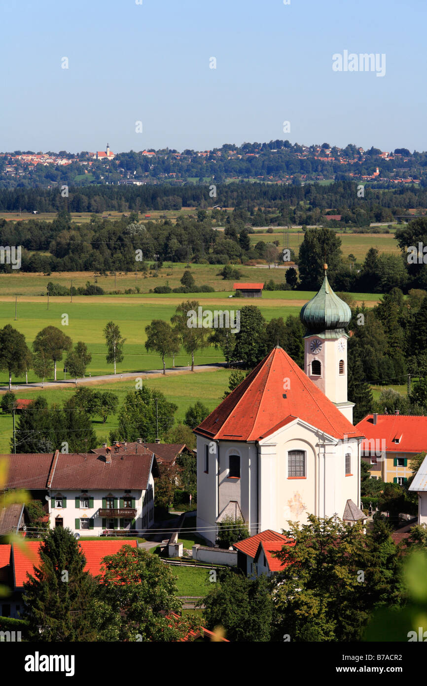 Church in Eschenlohe with view to Murnau, Upper Bavaria, Bavaria, Germany, Europe Stock Photo