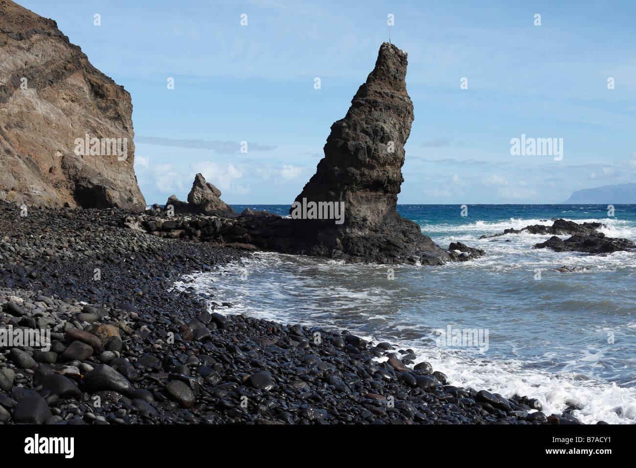 Rock tower made of lava stone, Playa de Caleta, Hermigua, La Gomera, Canary islands, Spain, Europe Stock Photo