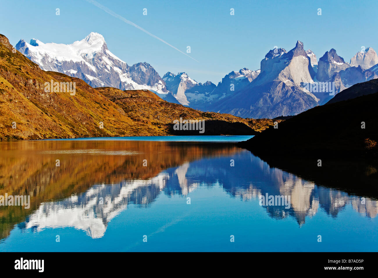 Reflection in mountain lake, Torres del Paine National Park, Patagonia, Chile, South America Stock Photo