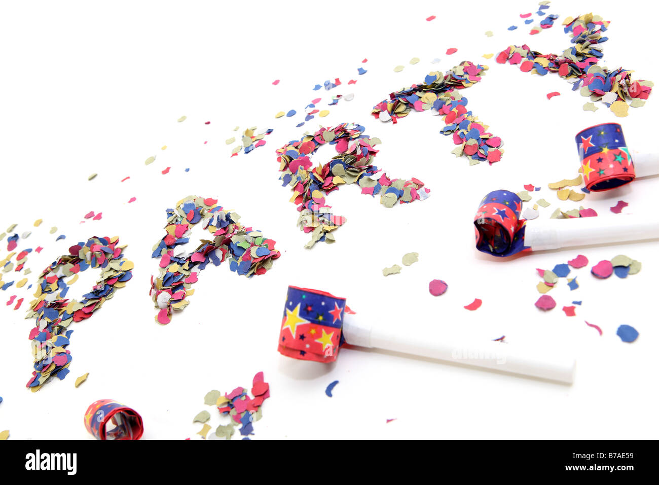 confetti party and blowers with copyspace isolated Stock Photo - Alamy
