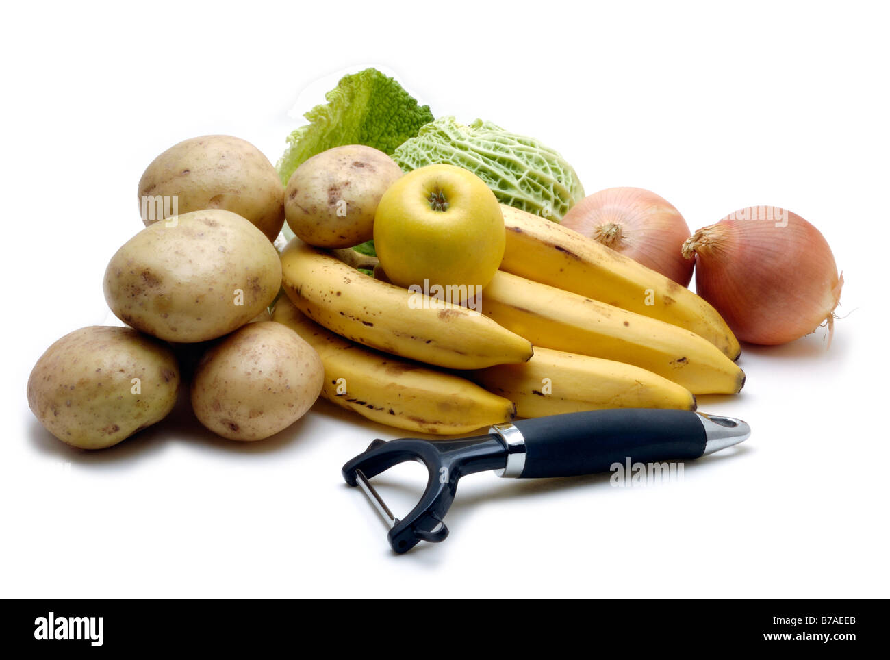 Studio shot of a Selection of fruit and vegetables on a white background. Stock Photo