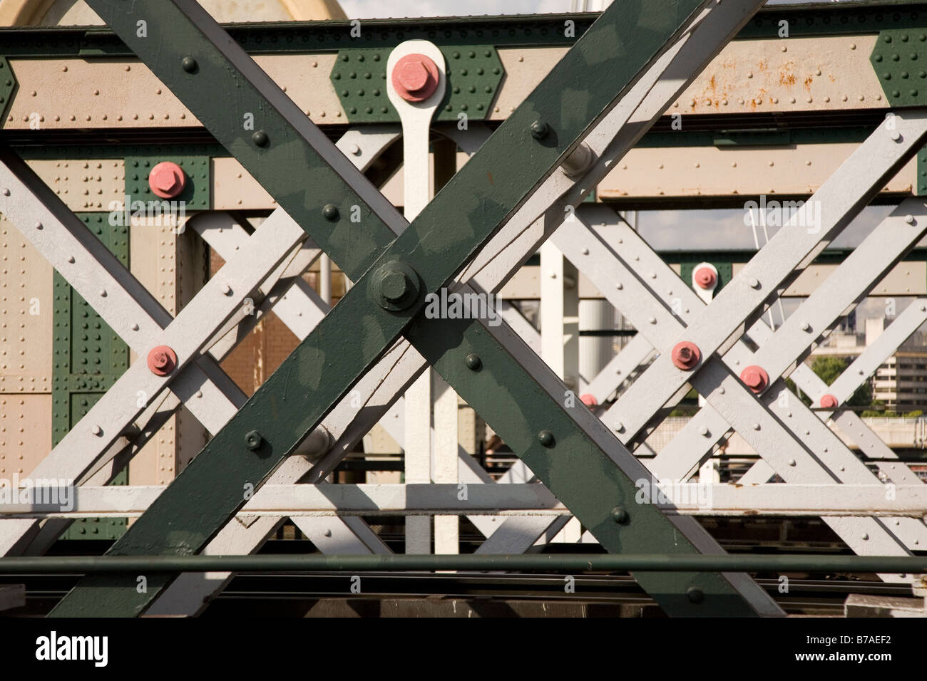 Riveting and cross-supports form interesting patterns on a railway bridge over the Thames in London. Stock Photo