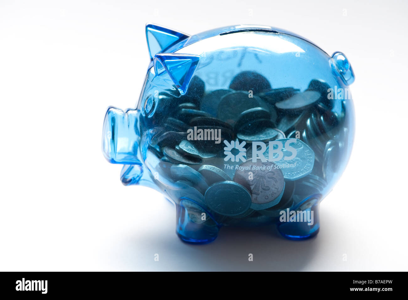 RBS Royal Bank of Scotland piggy bank full of coins saving money savings cash UK sterling currency credit crunch crisis britain Stock Photo